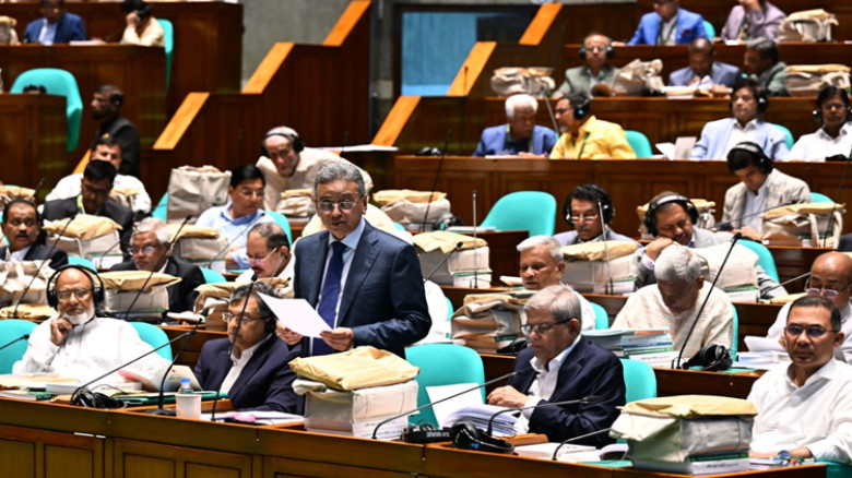 Finance Minister starts placing Tk 9.38 lakh crore budget in JS for FY27